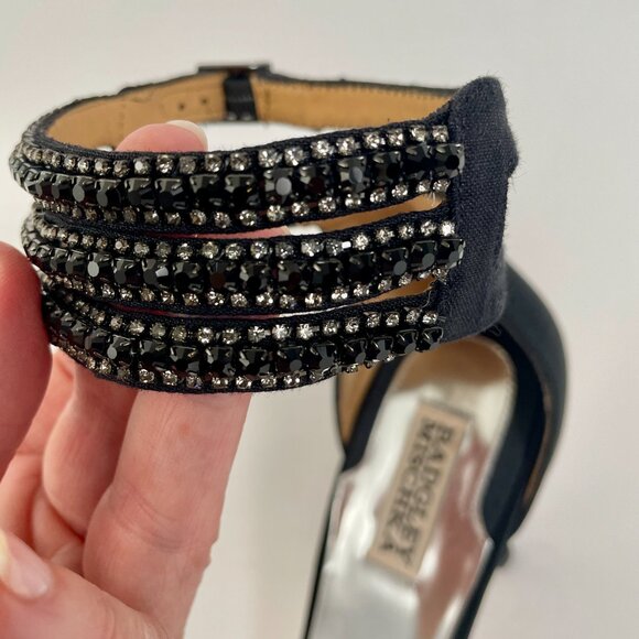 Badgley Mischka Dazzler Black Satin Strappy Heels With Beaded Ankle Strap, Sz 9 - Picture 6 of 10
